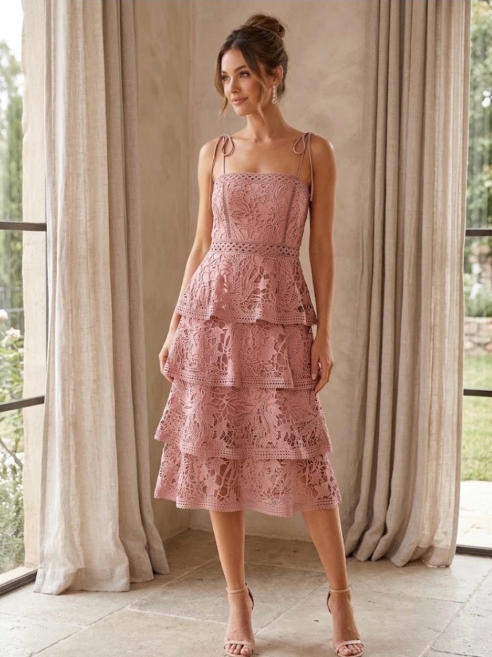 TRUE DECADENCE  Lace Tiered Maxi Dress with Tie Straps - Dusty Rose SIZE 16